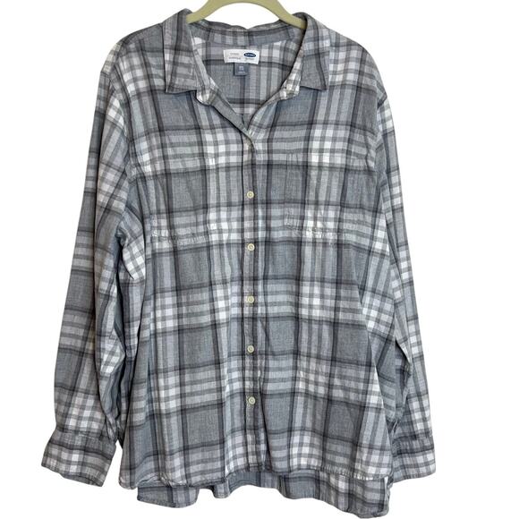 Old Navy Tops - Old Navy Womens Button Up Shirt XXL Gray White Plaid Lightweight Flannel